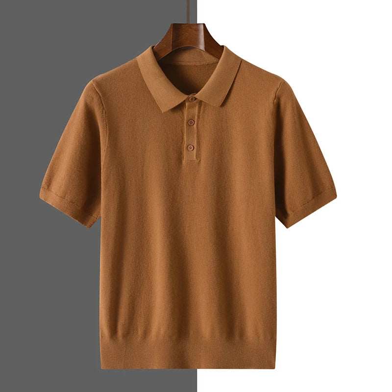 Summer 100% merino wool men's lapel pullover short sleeve POLO neck sweater loose top knitted clothing plus size T-shirt