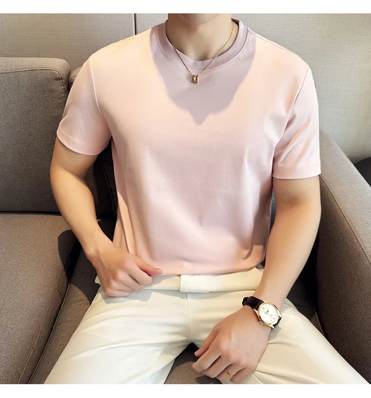 Mens T-shirt Short Sleeved Summer Thin Ice Silk Pure Cotton Top Round Neck T-shirt Sports Fitness Running Casual Mens Clothing